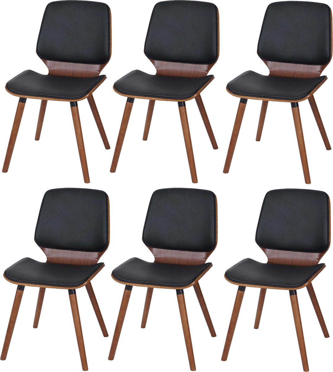 Cosmo Casa Set van 6 Eetkamerstoelen - Gebogen Hout - Retro Ontwerp - Notenlook - Zwart - Kunstleer