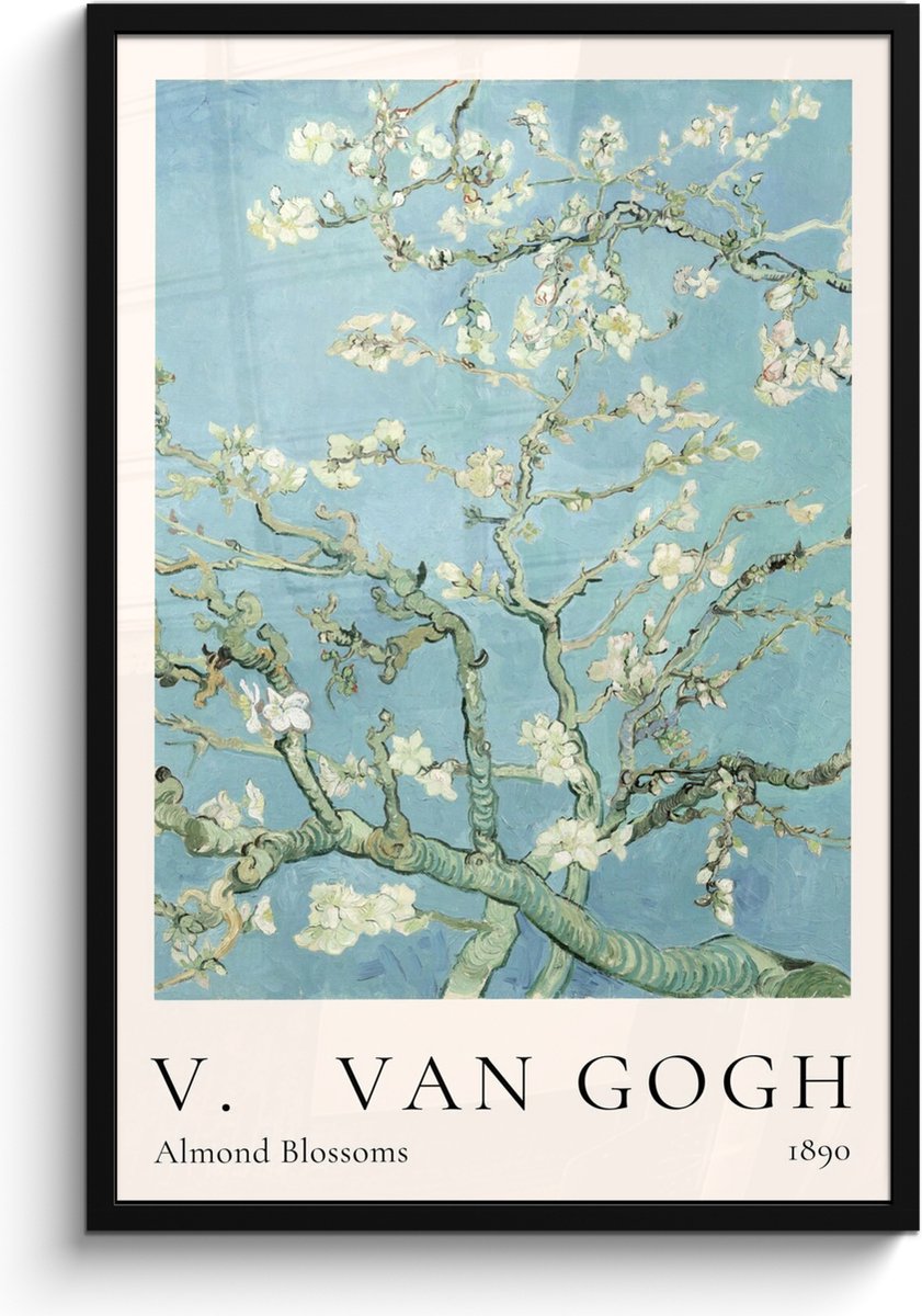 FrameYourWall Poster in lijst - Fotolijst 60x90 cm - Posters - Vincent van Gogh - Almond Blossoms - Kunst - Oude meesters - Amandelbloesem - Posterlijst zwart - Decoratie - Wanddecoratie woonkamer - Muurdecoratie slaapkamer