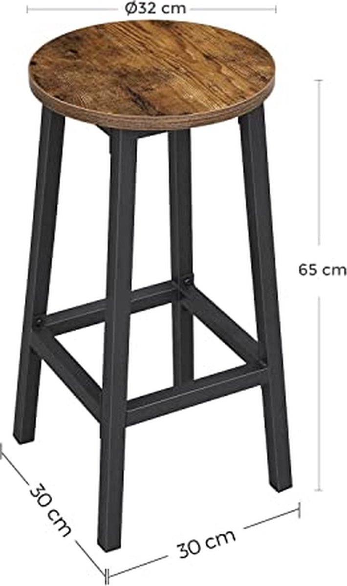 Set Van 2 Hoge Industriële Krukken, Staal, Eenvoudig Te Monteren - Vasagle - Barstoel - Bruin; Zwart - Metaal; Spaanplaat