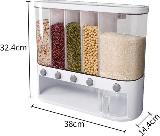 Yas-Goods - Rijst Dispenser - Food Dispenser - Dispenser Cornflakes - Keuken Organiser - 5 Containers Met Bakje - Yas-Goods