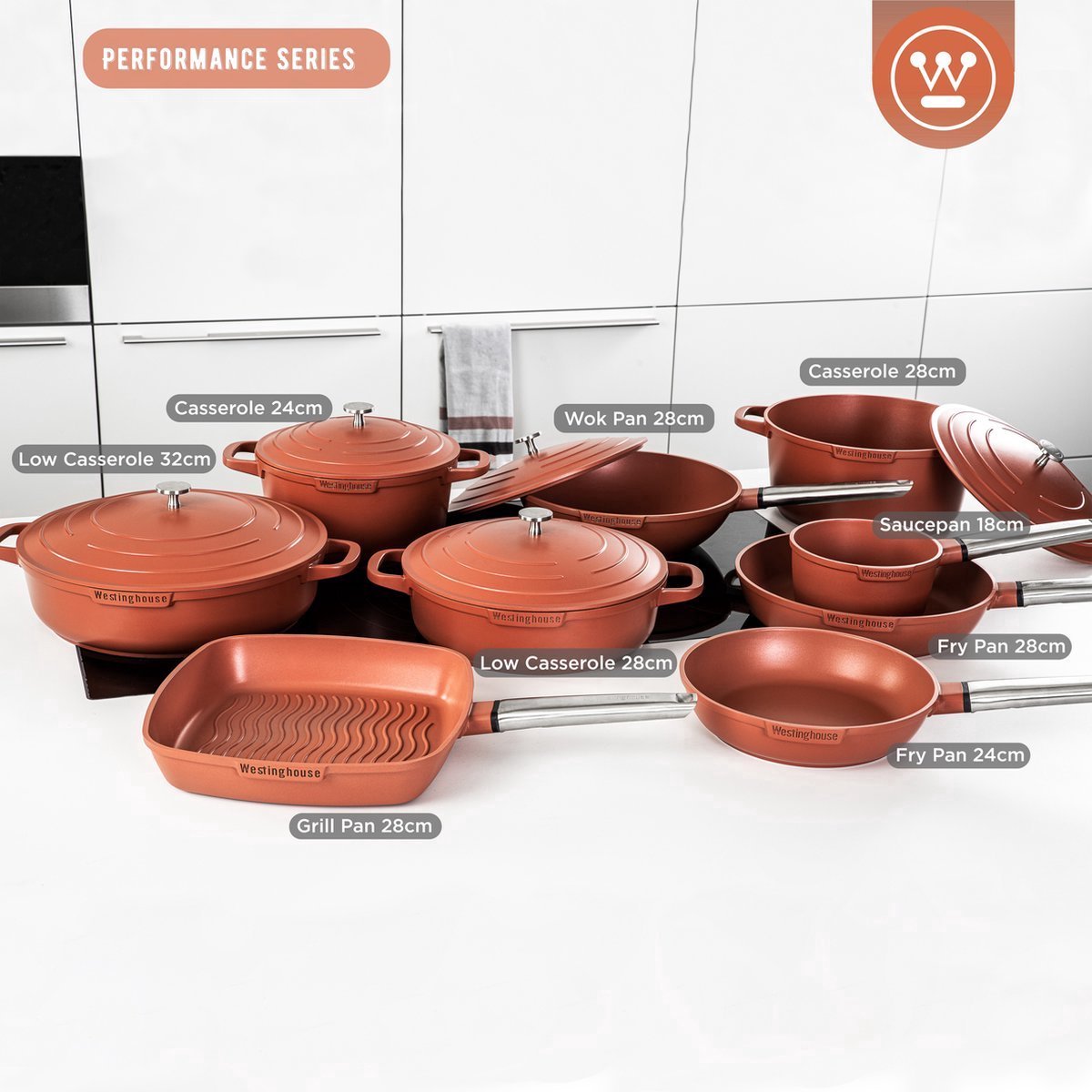 Westinghouse Performance 9-delige Pannenset – Koekenpannen + Braadpannen + Hapjespannen + Wokpan + Grillpan + Steelpan – PFOA-vrij – Inductie – Oranje – foto 5