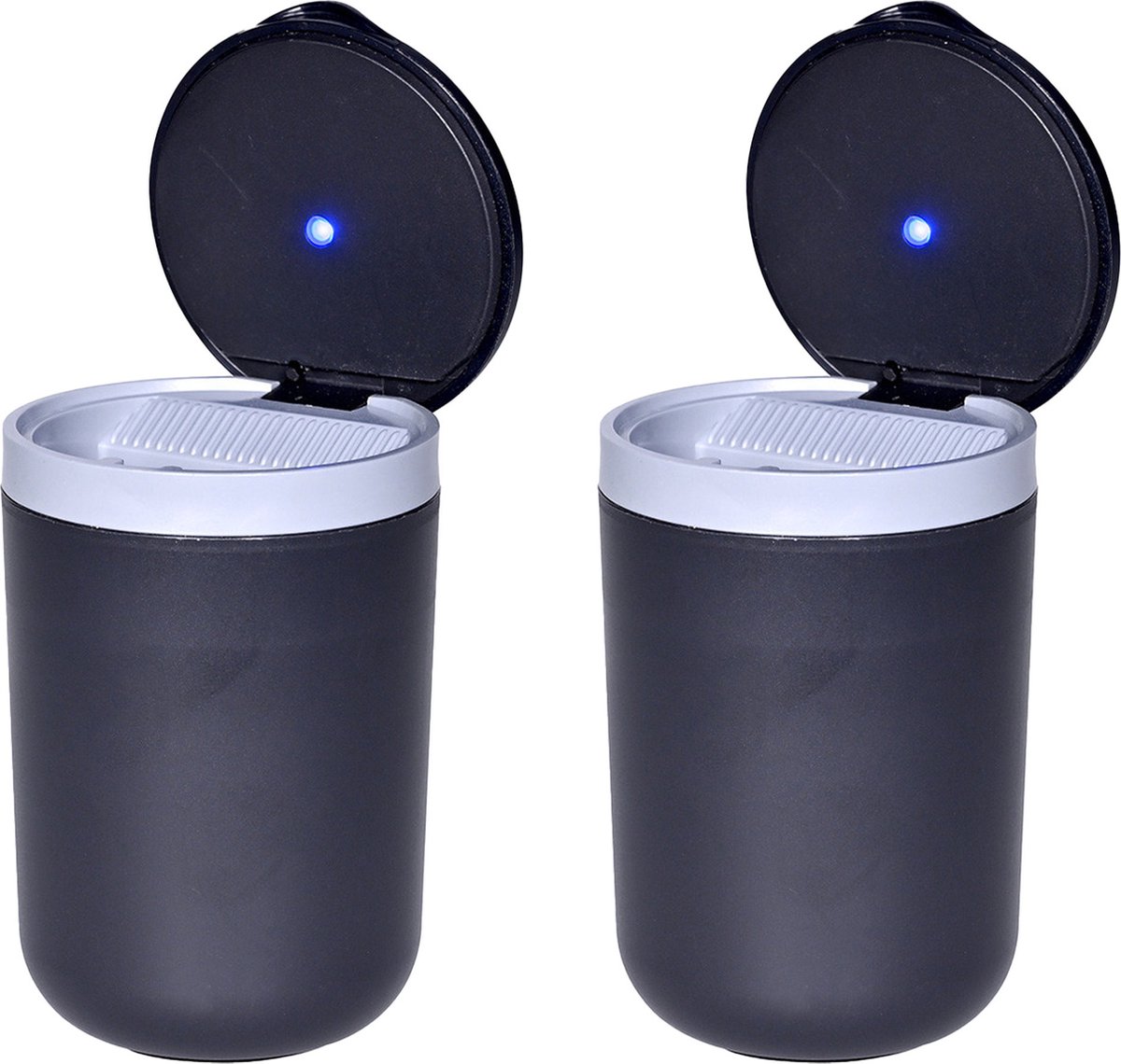 Goedkoopste All Ride Auto asbak met led licht - 2x - met deksel - kunststof - zwart - 11 x 7 cm