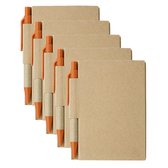 Notitie/opschrijf boekje met balpen - harde kartonnen kaft - beige/oranje - 5x8cm - 80blz gelinieerd - blocnotes