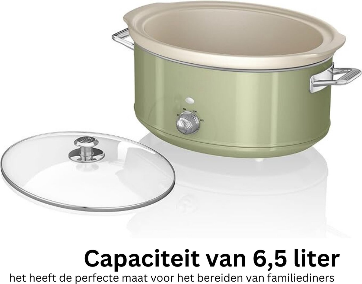 Afbeelding 2 van Slowcooker – Slowcookers Inclusief 3 temperatuurniveaus – Slow Cooker Met Antiaanbaklaag – Multicooker Vintage Design – 6,5 l Capaciteit