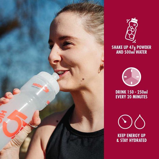 Vrouw met sportkleding die uit een HIGH5 bidon drinkt. Iconen: poeder mengen met water, drankje om de 20 min, energie en hydratatie.