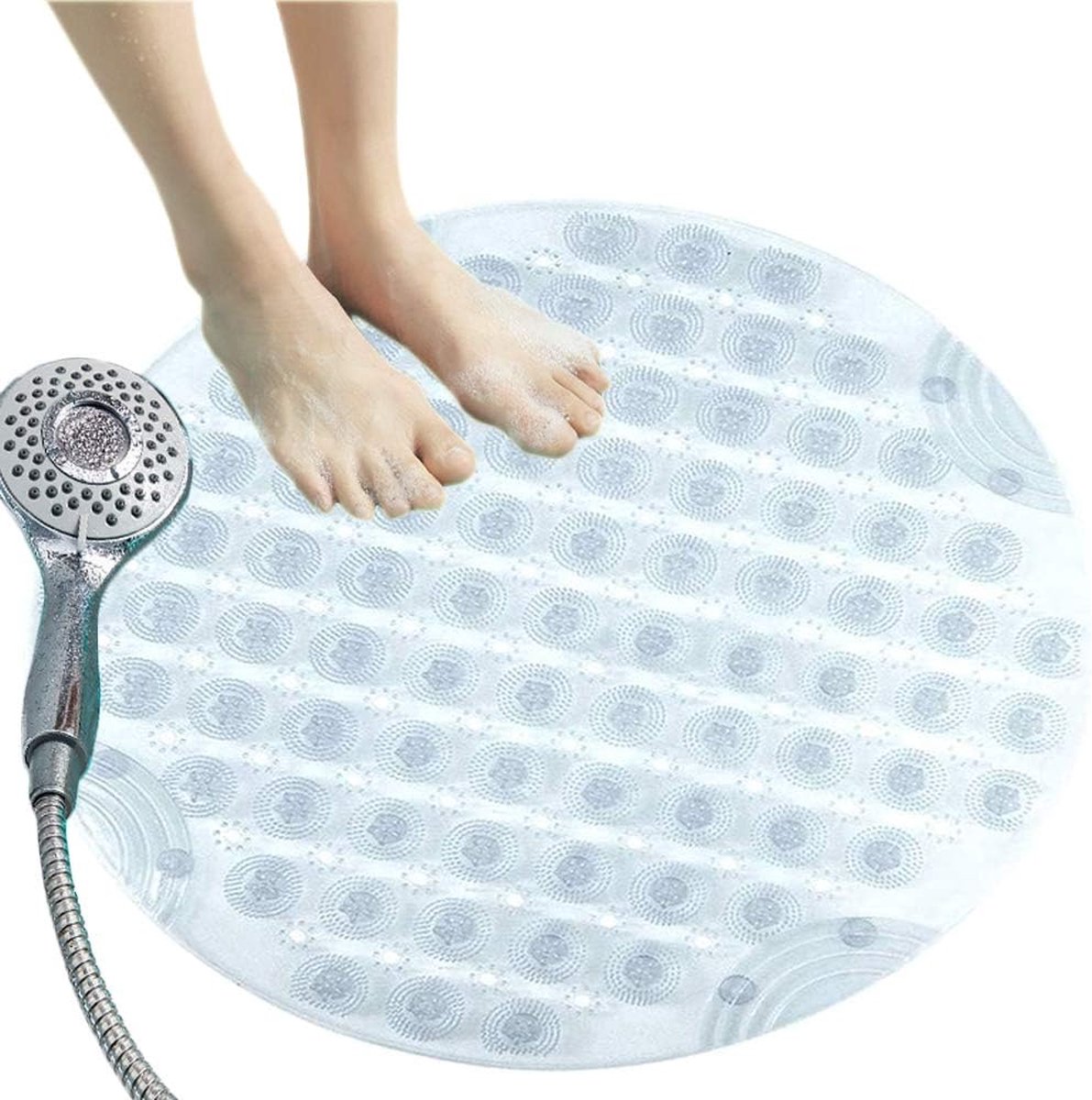 The Olive Tree Badkamertapijt Antislipbadmat Ronde vorm Schimmelbestendig met zuignappen, getextureerde rubberen badmat met afvoergat voor badkamer-/toiletvloeren (helder wit)