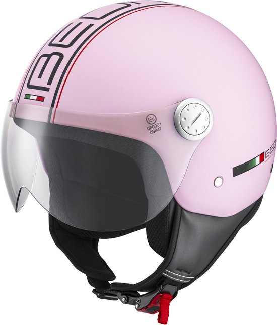 Roze jethelm met doorzichtig vizier, zwart met wit gestikte kinband en logo 'BEON' met Italiaanse vlag.