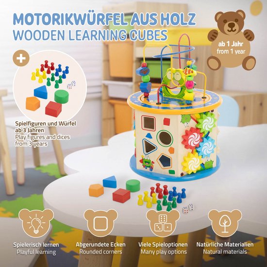 Motorische kubus 8 in 1 met speelbord voor kinderen vanaf 1 jaar gemaakt van hout Joyz