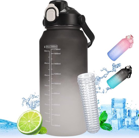 Glazen 2-liter waterfles met rietje en tijdmarkeringen, grote lekvrije