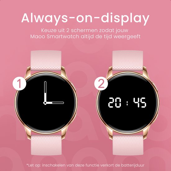Maoo Ventura AMOLED Smartwatch Dames - RVS en 4x Siliconen Bandje - Stappenteller - Hartslagmeter - Slaapmonitor - Multisport - Geschikt voor Android en iOS - Rosé Goud en Roze