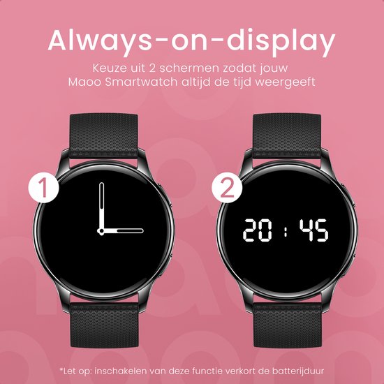 Maoo Ventura AMOLED Smartwatch Dames - RVS en 4x Siliconen Bandje - Stappenteller - Hartslagmeter - Slaapmonitor - Multisport - Geschikt voor Android en iOS - Zwart