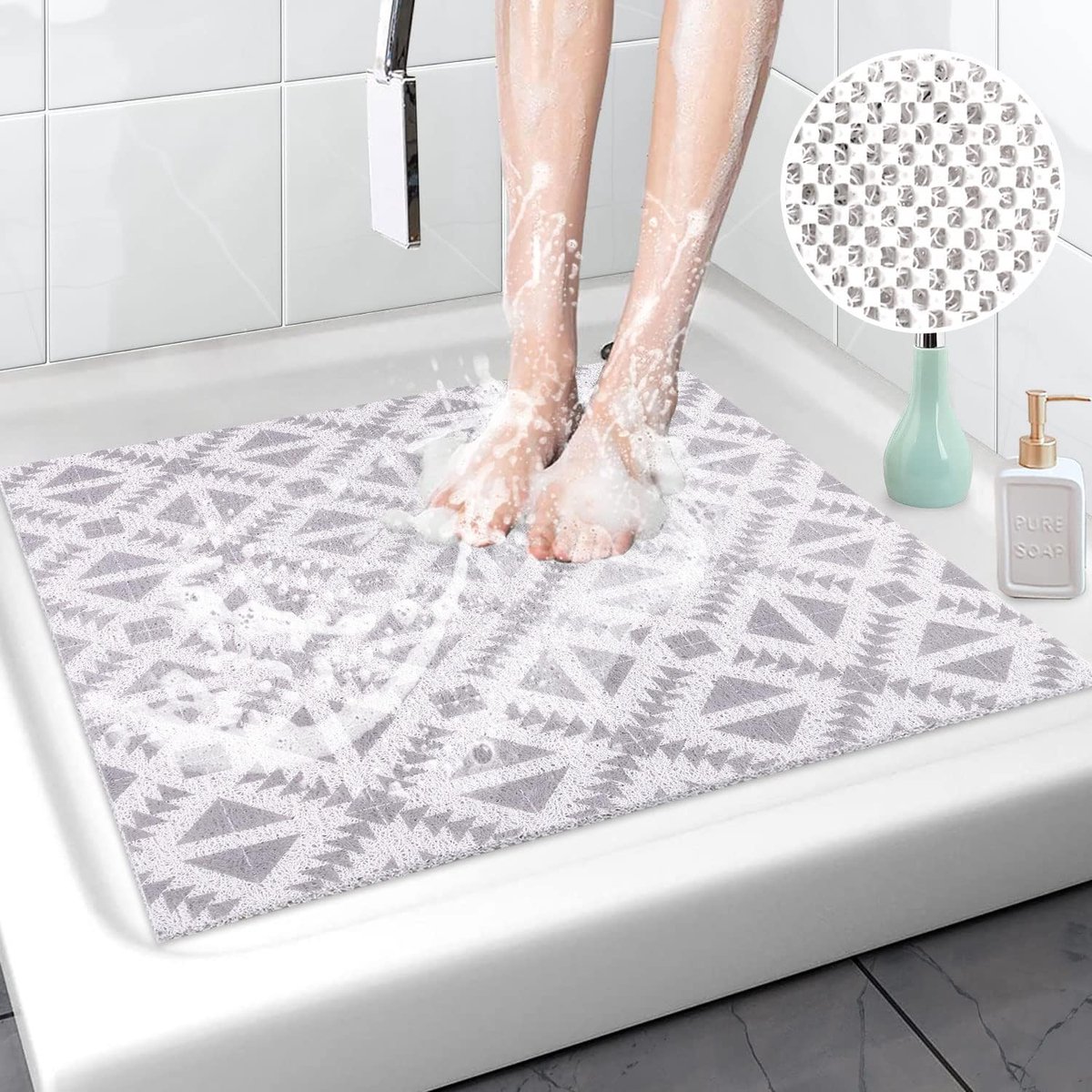 Douchemat, antislip, wasbaar, 60 x 60 cm, pvc, luffa badmat, anti-schimmel, sneldrogend, antislip, uitstekende afvoer, badkamermatten voor natte ruimtes, douche