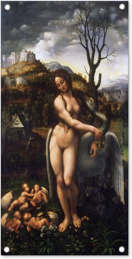 Tuinposter Leda en de zwaan - Leonardo da Vinci - 40x80 cm - Wanddecoratie Buiten - Tuinposter - Tuindoek - Schuttingposter - Tuinschilderij