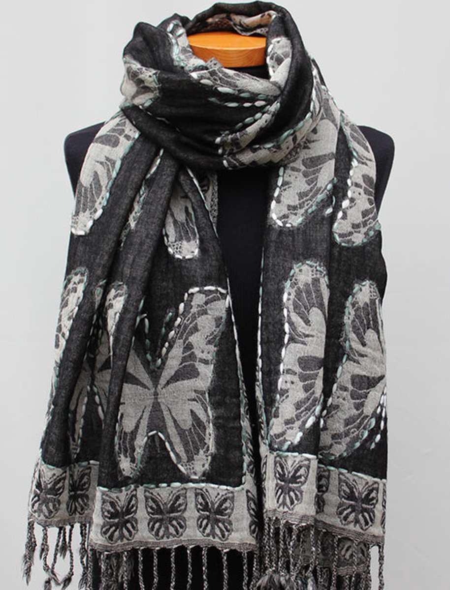 Wollen geborduurde sjaal en omslagdoek Zwart-Grijs vlinder 70 x 180 cm