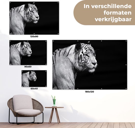 Tigre blanc de Sibérie sur fond noir affiche de jardin toile en vrac 180x120 cm - Toile de jardin / Toile d'extérieur / Peintures d'extérieur (décoration de jardin) XXL / Groot format!