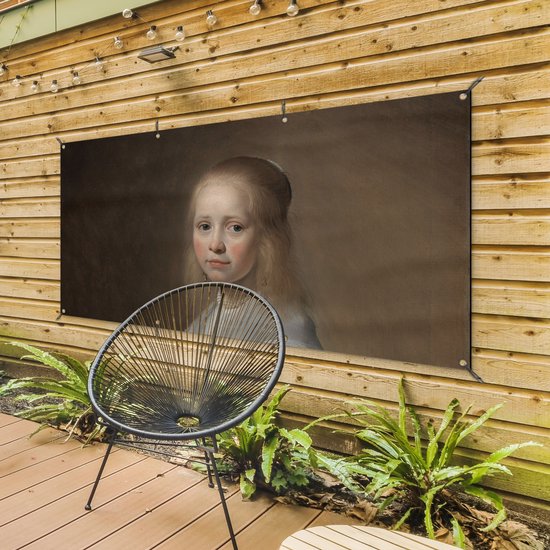 Décoration murale à l'extérieur d'une fille en bleu - Peinture de Johannes Cornelisz. Verspronck - 160x80 cm - Toile de jardin