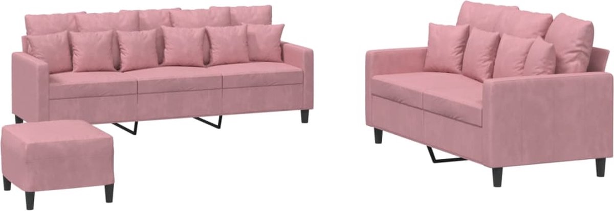 vidaXL - 3-delige - Loungeset - met - kussens - fluweel - roze