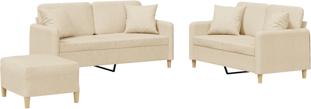 vidaXL - 3-delige - Loungeset - met - kussens - stof - crèmekleurig