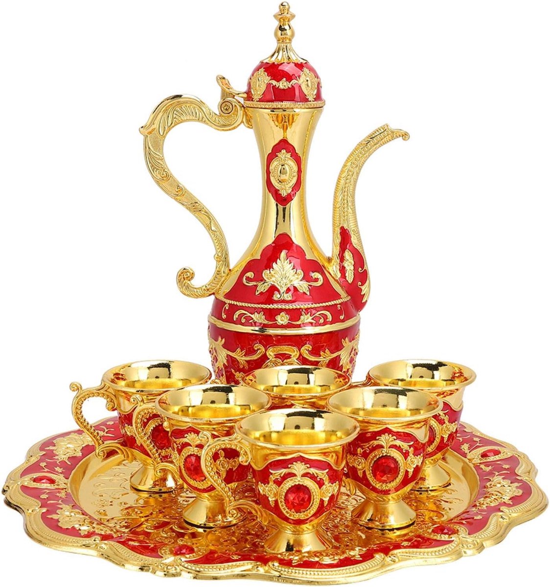 Turkse theeset, metalen theepot set met 6 koffiekopjes en theeblad, Art Crafts huwelijksgeschenk(Rood)