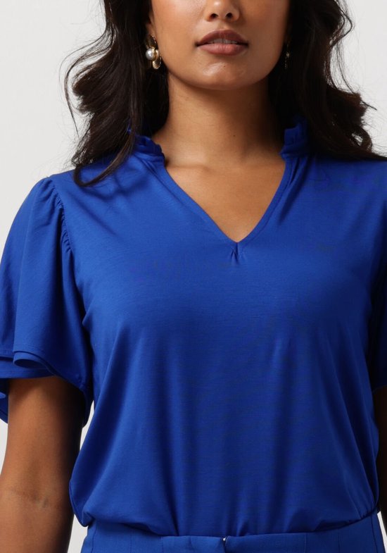 Jansen Amsterdam Tc136 Top Short Ruffled Sleeve V-neck Tops & T-shirts Dames - Shirt - Blauw - Maat XXL