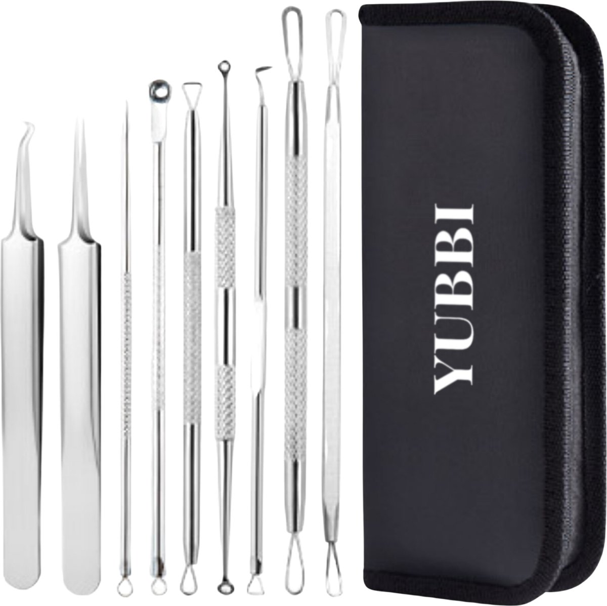 Goedkoopste YUBBI Blackhead Remover Set - 9 Delig - Mee eters verwijderen- Comodonenlepel - Extractie Pincet - Comedonendrukker - Zilver - Inclusief Opberg Etui
