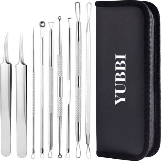 YUBBI Blackhead Remover Set - 9 Delig - Mee eters verwijderen- Comodonenlepel - Extractie Pincet - Comedonendrukker - Zilver - Inclusief Opberg Etui