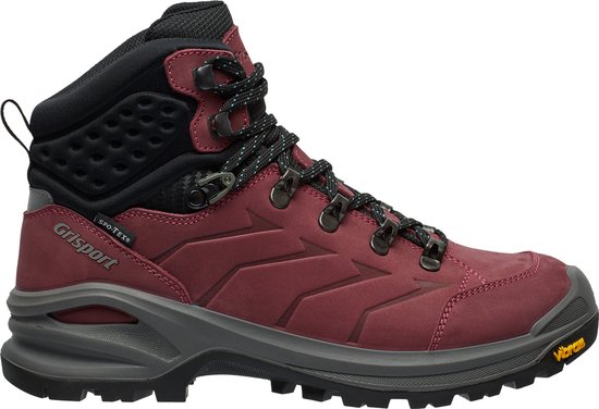 Zij-aanzicht van een burgundy mid-top wandelschoen met zwarte accenten, "Grisport" en "SPOT-TEX" logo's.