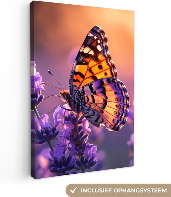 Tableau sur toile 40x60 cm - Fleurs - Papillon - Lavande - Bloem - Nature - Décoration murale salon - Décoration murale cuisine - Décoration chambre - Peintures - Accessoires de maison