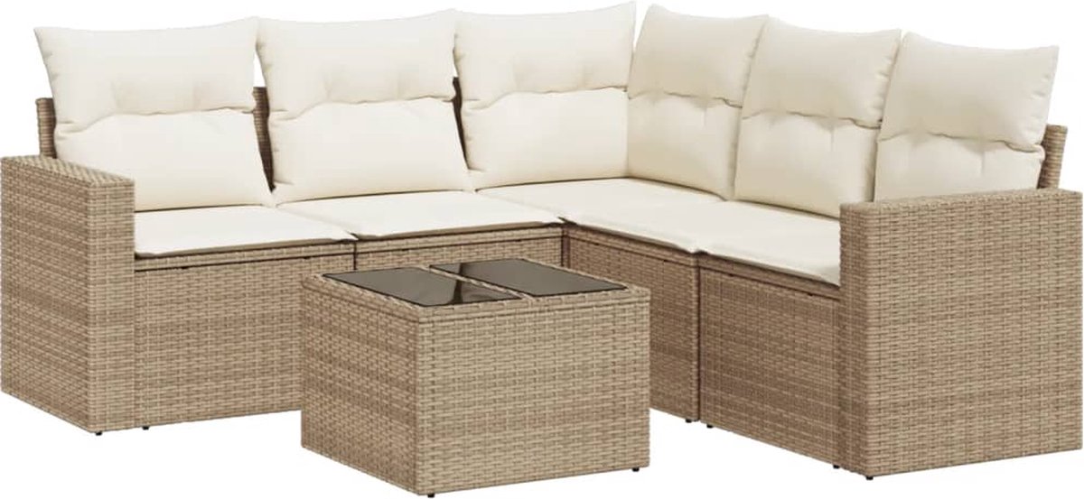 vidaXL 6-delige - Loungeset - met - kussens - poly - rattan - beige