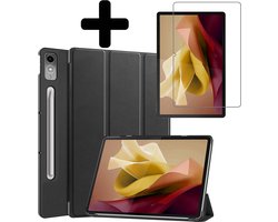 Hoes - Geschikt voor Lenovo Tab P12 - Met Screenprotector - Trifold Bookcase - Hard Cover Case - Met Uitsparing Geschikt voor Lenovo Pen - Hardcover Book - Tablet Hoesje - Zwart
