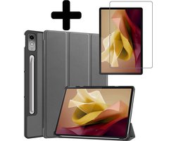 Hoes - Geschikt voor Lenovo Tab P12 - Met Screenprotector - Trifold Bookcase - Hard Cover Case - Met Uitsparing Geschikt voor Lenovo Pen - Hardcover Book - Tablet Hoesje - Grijs