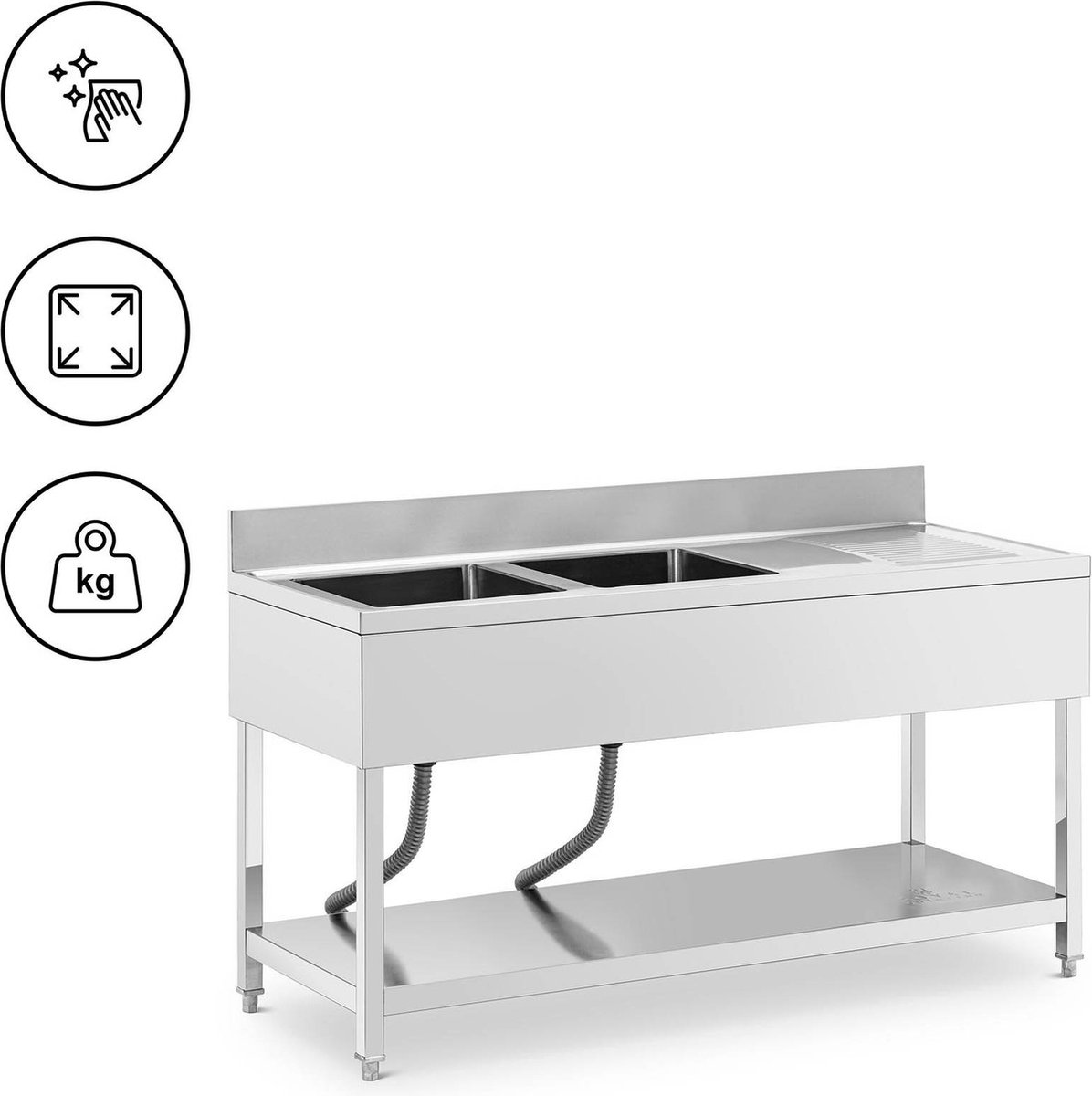Royal Catering Rinse Table - 2 BELVIS - roestvrij staal - 160 x 60 x 97 cm - Royal Catering