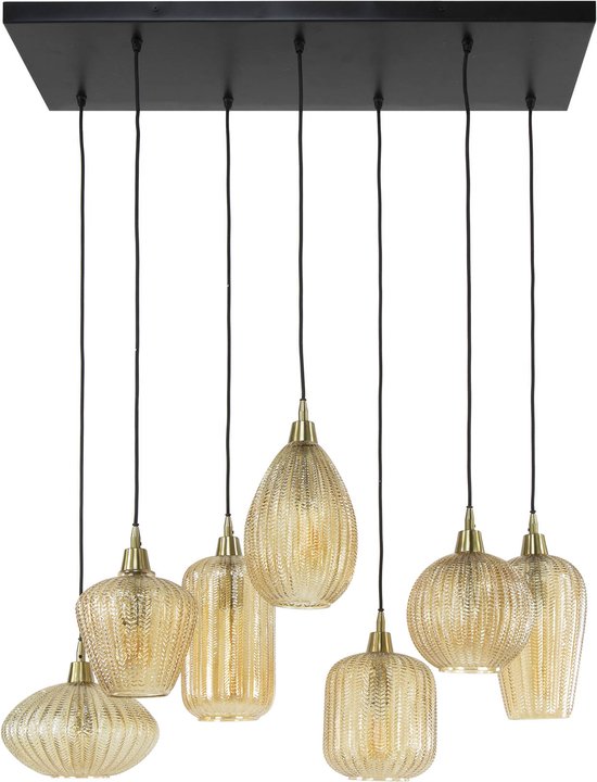 Hanglamp V-shape Pattern Mix | amber glas | 7 lichts | 95x38x150 cm | woonkamer / eetkamer | sfeervol / design verlichting