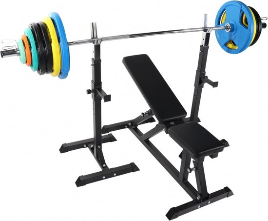 Gorilla Sports Fitnessbank met 150 kg Olympische Halterset - Professioneel - Halter met Gewichten
