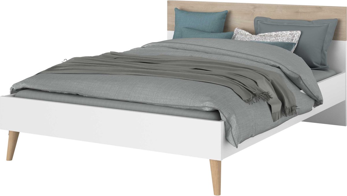 Tweepersoonsbed Hardy 160x200 - Wit/eik - Parisot - Tweepersoons Bedkader - Wit - Spaanplaat Tweepersoons Normaal Bed