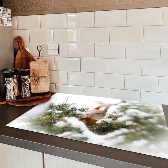 KitchenYeah® Inductie beschermer 81.2x52 cm - Eekhoorn - Den - Sneeuw - Kookplaataccessoires - Afdekplaat voor kookplaat - Inductiebeschermer - Inductiemat - Inductieplaat mat