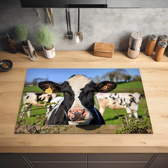 KitchenYeah® Inductie beschermer 78x52 cm - Koe - Hek - Gras - Dieren - Kookplaataccessoires - Afdekplaat voor kookplaat - Inductiebeschermer - Inductiemat - Inductieplaat mat