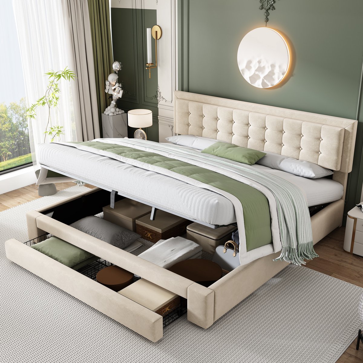Sweiko Bed met kast en lades, fluwelen stof, gestoffeerd bed, lattenbod, tweepersoonsbed, grote bergruimte, 180 x 200, Beige