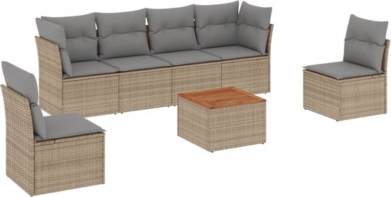 vidaXL - 7-delige - Loungeset - met - kussens - poly - rattan - gemengd - beige
