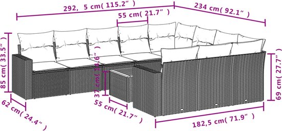 vidaXL - 11-delige - Loungeset - met - kussens - poly - rattan - gemengd - beige
