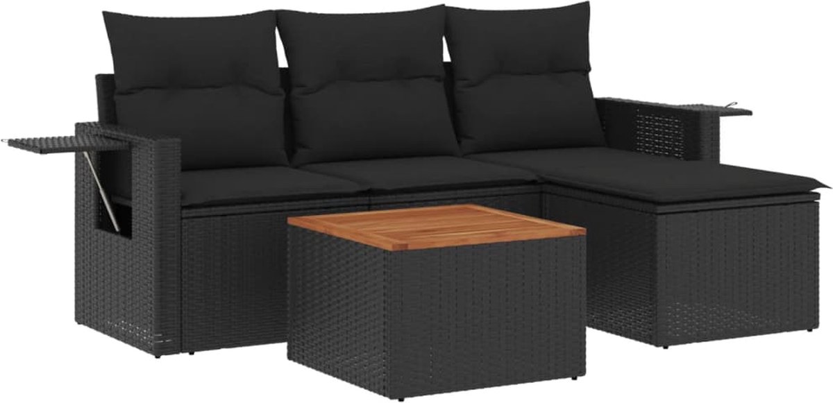 vidaXL 5-delige - Loungeset - met - kussens - poly - rattan - zwart