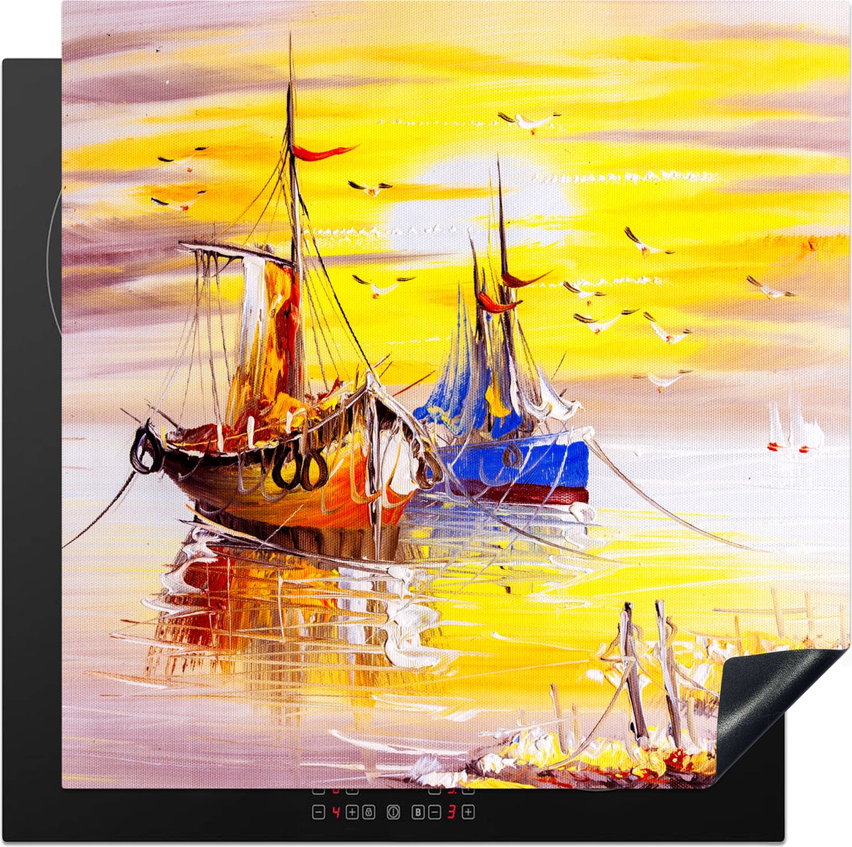 KitchenYeah® Inductie beschermer 78x78 cm - Schilderij - Boot - Water - Olieverf - Kookplaataccessoires - Afdekplaat voor kookplaat - Inductiebeschermer - Inductiemat - Inductieplaat mat