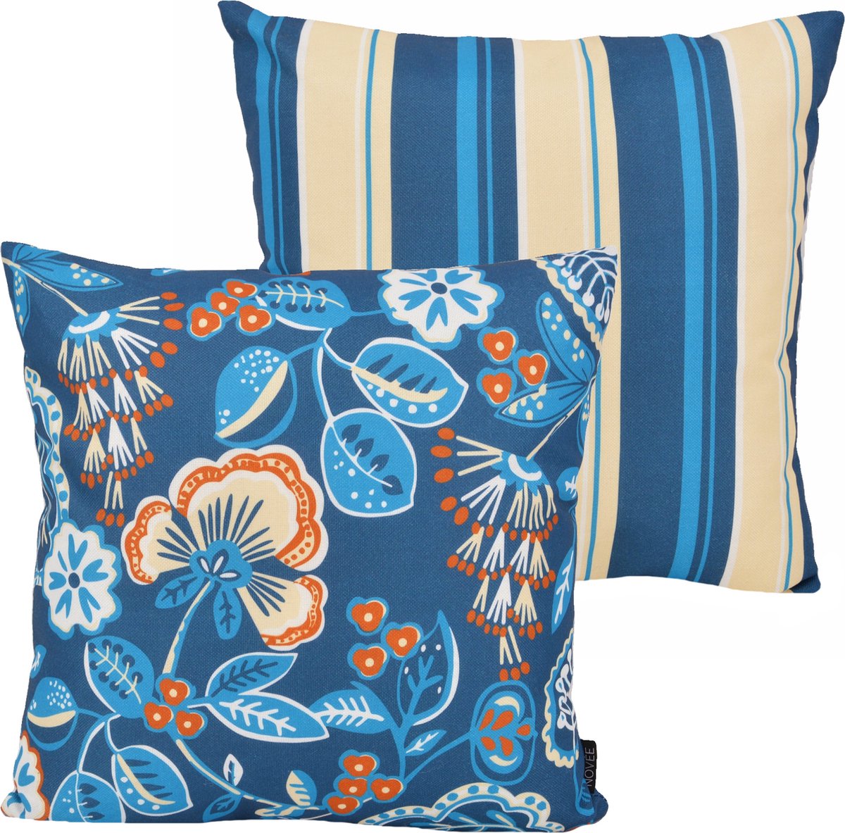 NOVÉE Flower / Stripe Kussenhoes - Petrol | Outdoor / Buiten | 45 x 45 cm | Katoen/Polyester
