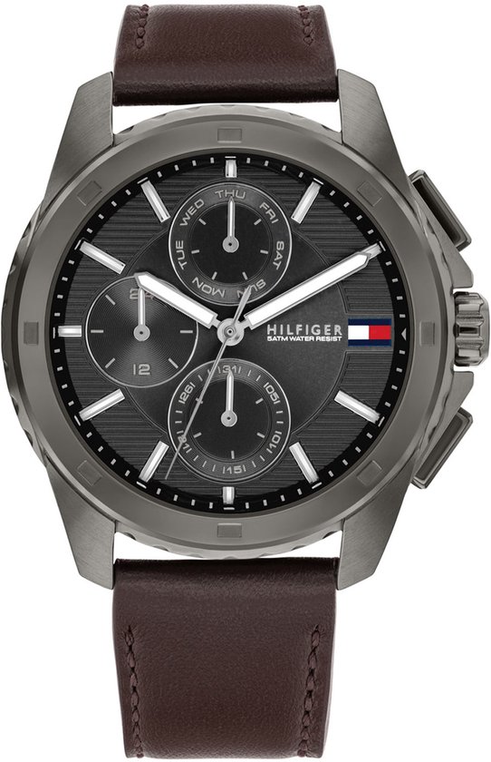 Tommy Hilfiger TH1710623 WALKER Heren Horloge - Mineraalglas - Staal/Leer - Bruin/Grijs - 44 mm breed - Quartz - Gesp - 5 ATM (douchen)