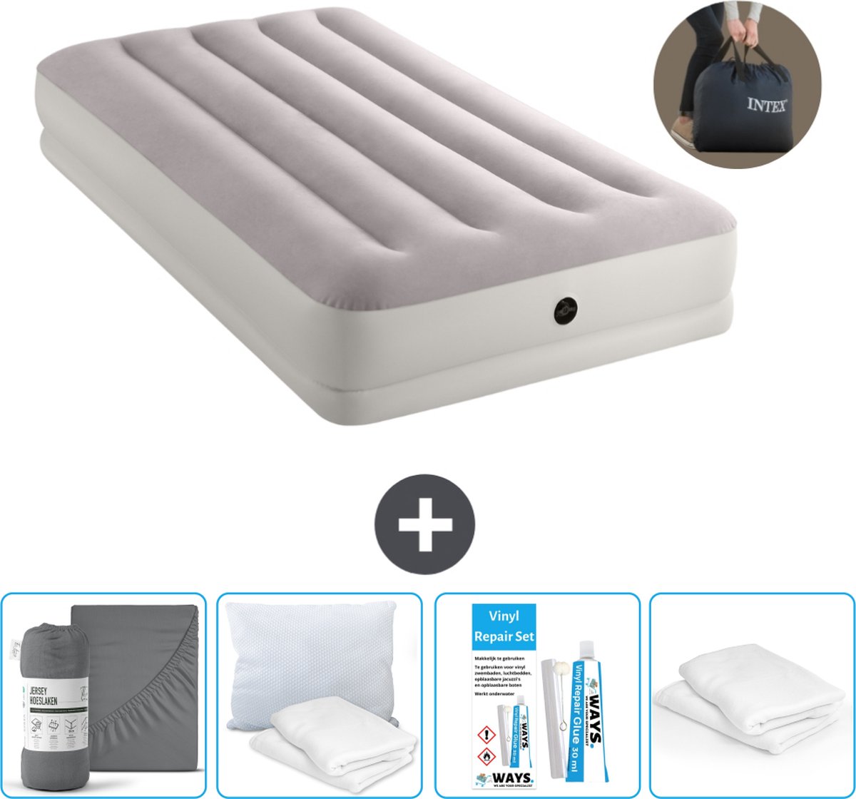 Intex Luchtbed - 1-Persoons - 99 x 191 x 30 cm - Grijs - Inclusief pomp - Hoeslaken - Kussen - Reparatieset en Kussenbeschermer