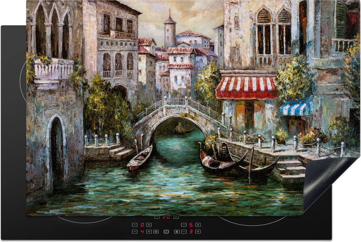 KitchenYeah® Inductie beschermer 81.2x52 cm - Schilderij - Water- Italië - Boot - Architectuur - Olieverf - Kookplaataccessoires - Afdekplaat voor kookplaat - Inductiebeschermer - Inductiemat - Inductieplaat mat