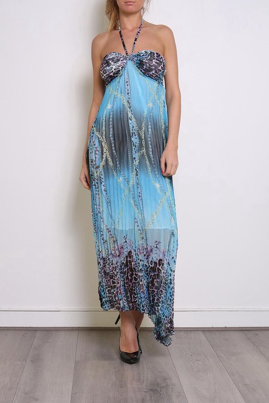 Lange blauwe jurk met print - dames - one size (36-40)