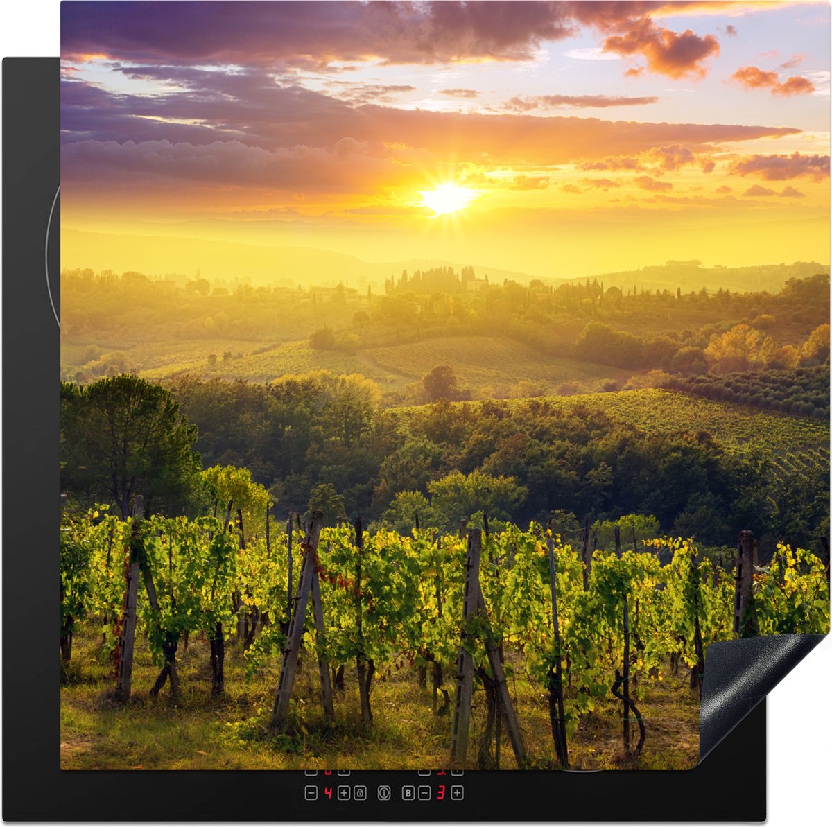KitchenYeah® Inductie beschermer 78x78 cm - Wijngaard in Toscane tijdens zonsondergang - Kookplaataccessoires - Afdekplaat voor kookplaat - Inductiebeschermer - Inductiemat - Inductieplaat mat