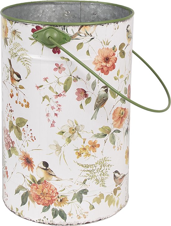 Witte metalen emmer met groen handvat en een print van rode, oranje en gele bloemen en vogels.
