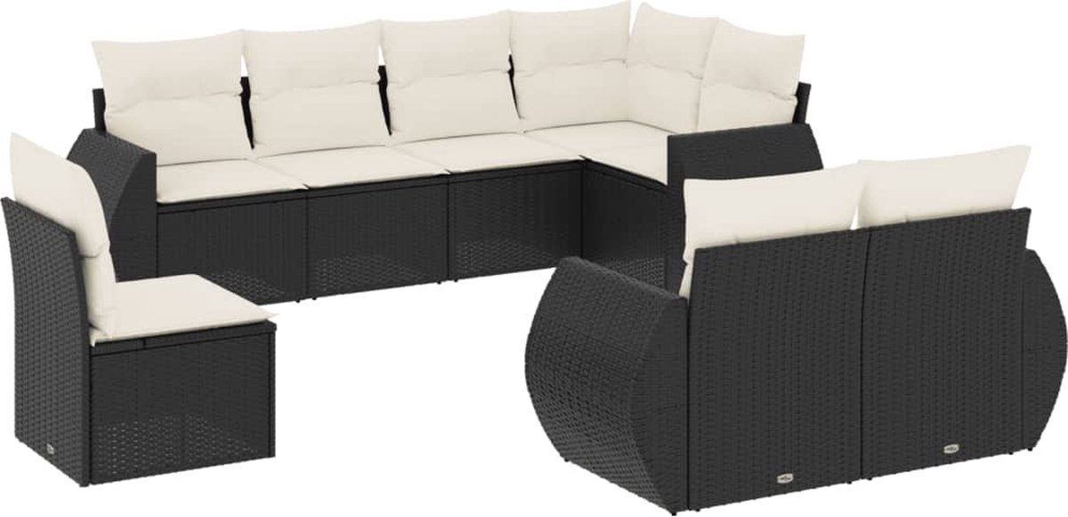 vidaXL 8-delige - Loungeset - met - kussens - poly - rattan - zwart